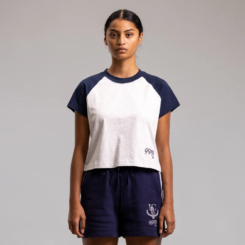 Unscripted Raglan Cropped Tee Womens WHITE MARLE/NAVY Basic T-Shirt Crew Neck Short Sleeve