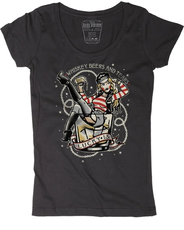 The WHISKEY BEERS & TEARS Scoop Neck Tee Thin T-Shirt Open Front Quick Dry