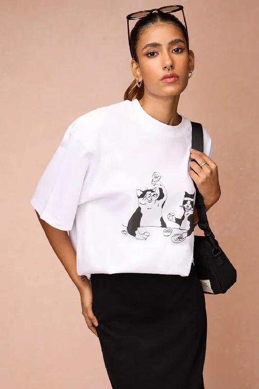 Women's Two Cats Behind Me White T-Shirt Ribbed Striped Patterned