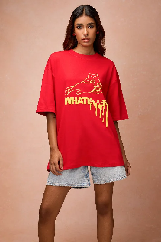 Women's Whatever! Red T-Shirt Collared Crew Neck Turtle Neck
