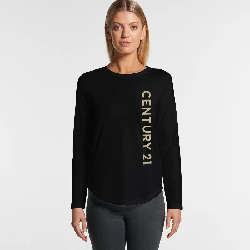Wordmark Black Curved LS Tee - Ladies Polka Dot Checkered Tartan