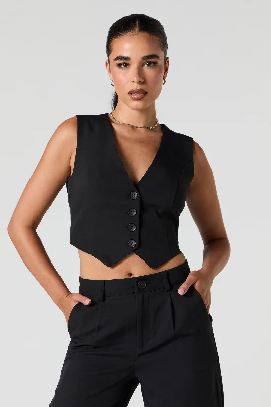 V-Neck Button-Up Cropped Vest Women's Casual Suit