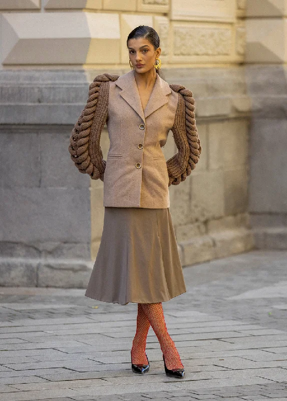BROWN KNITTED SLEEVES BLAZER Women's Classic Blazer