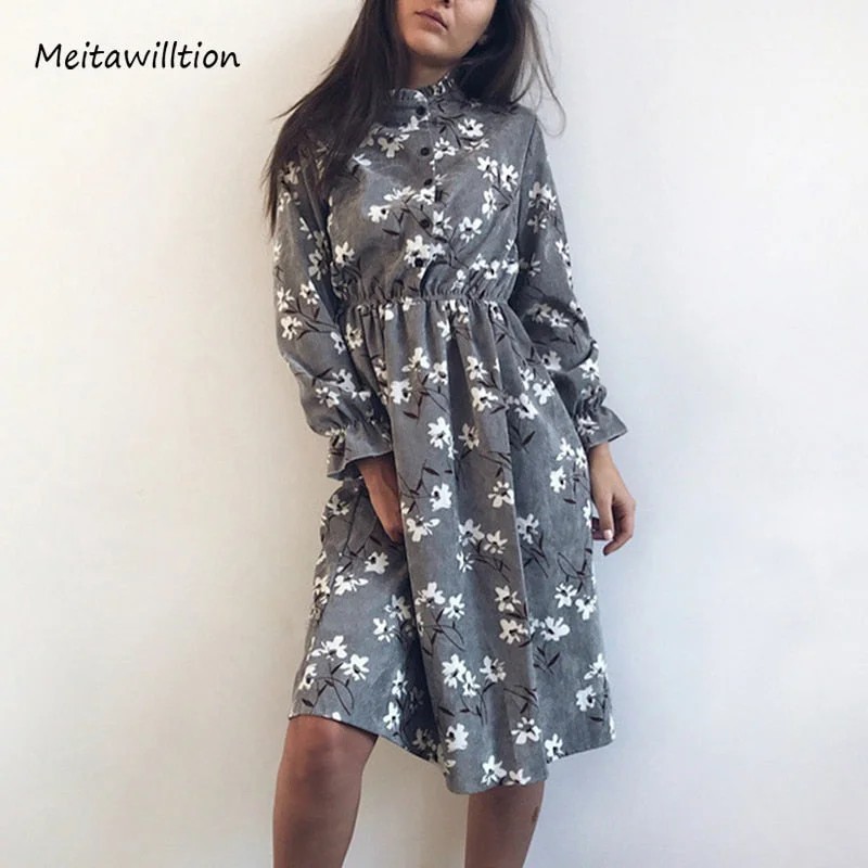 2019 Autumn Winter Women Corduroy Dresses Casual Long Sleeve High Elastic Waist Flower Print Party Dress Female Dress Vestidos high neck tank