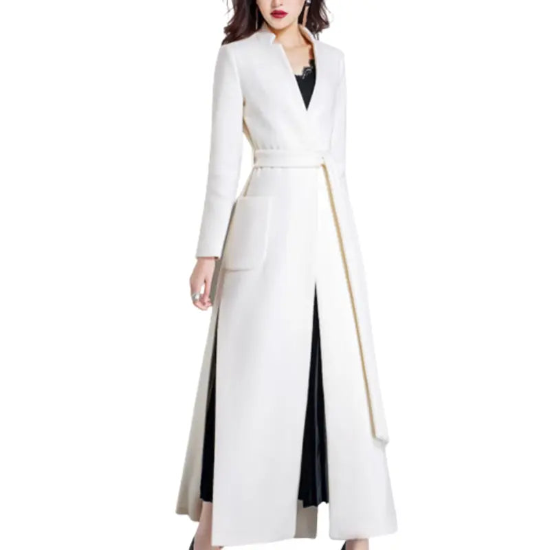 A-line long full length White wool Coat Elegant Cape Overcoat
