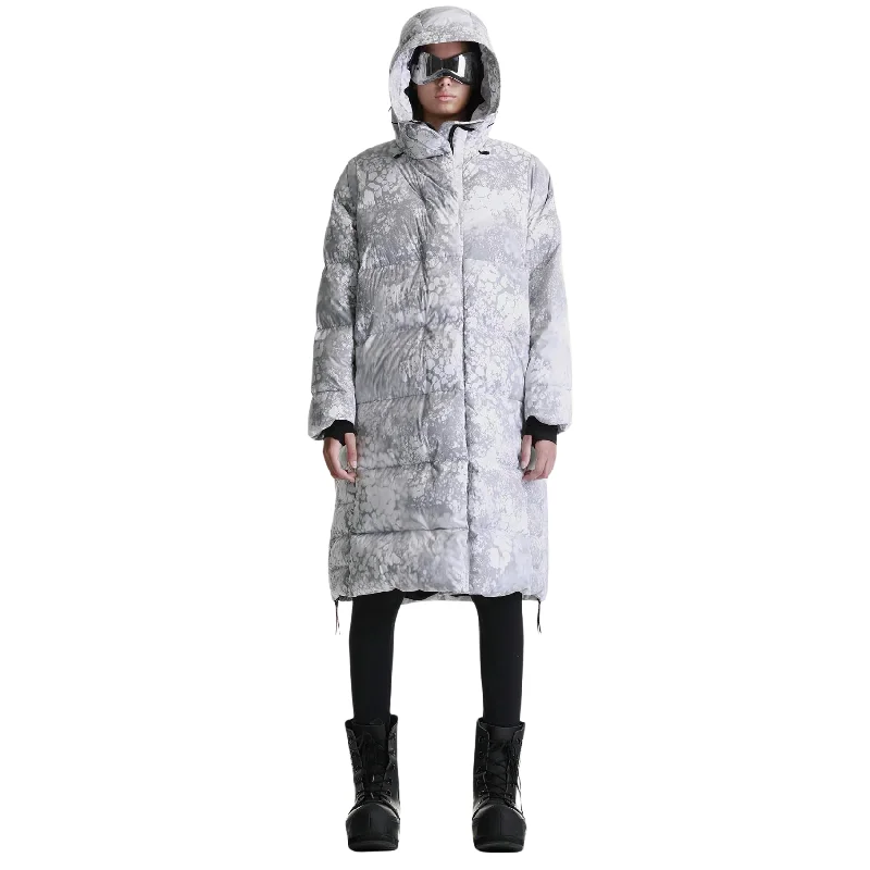 Aitken Technical Nylon Long Puffer Coat - White Print Warm Belted Coat
