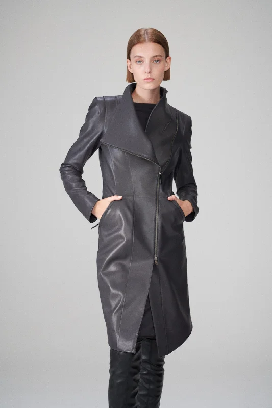 Alyson - Anthracite Leather Coat Elegant Longline Blazer Coat