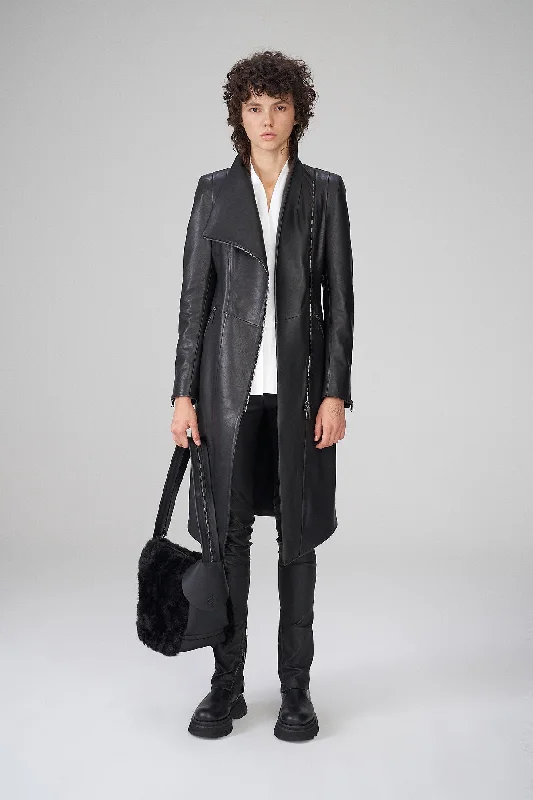 Alyson - Black Leather Coat Chic Oversized Overcoat