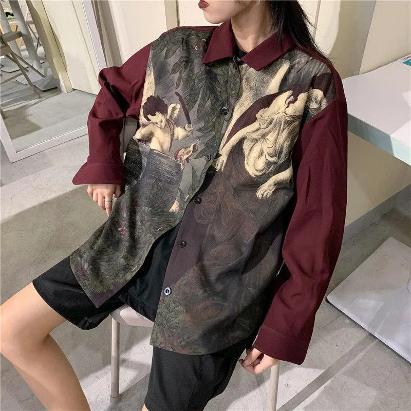 Angel Print Long Sleeve Shirt Ruffled Neck Blouse