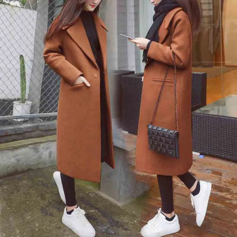 Autumn and Winter New Women's Korean Slim Was Thin Woolen Coat Pure Color Long-sleeved Temperament Long Section Casual Jacket Fuzzy Faux Fur Coat