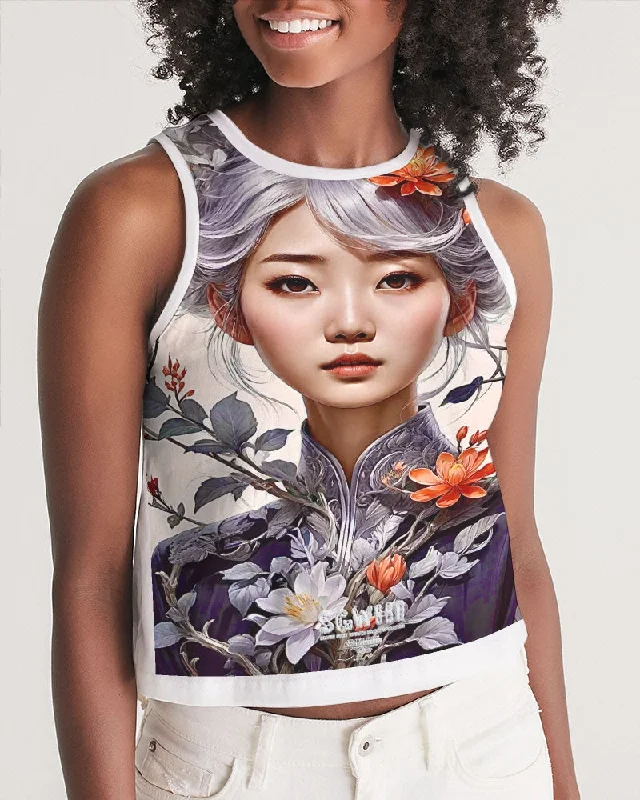 Beautiful Asian woman grey hair blossom Women's All-Over Print Cropped Tank Stylish Streetwear Vest