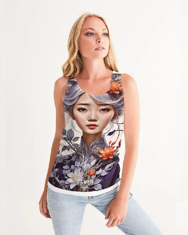 Beautiful Asian woman grey hair blossom Women's All-Over Print Tank Warm Hooded Vest Beautiful Asian woman grey hair blossom Women's All-Over Print Tank Warm Hooded Vest