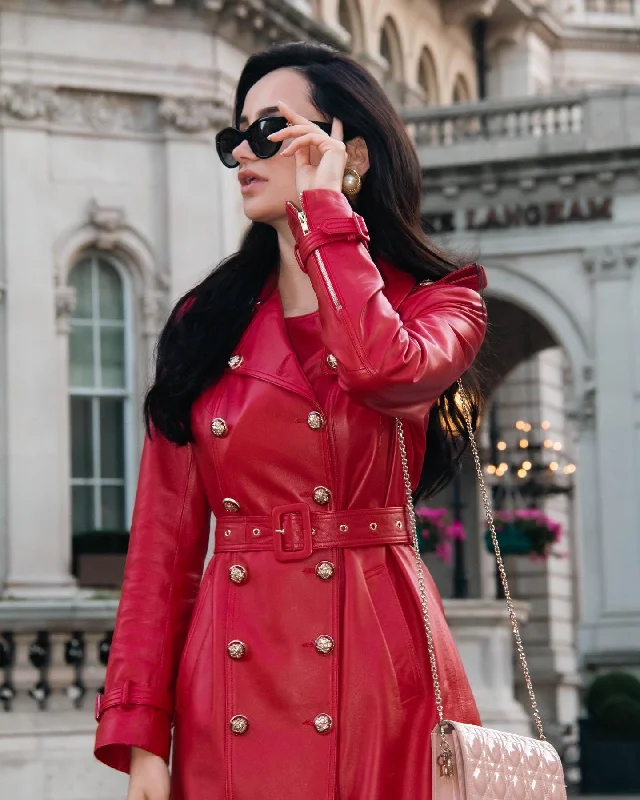 'Belle Du Jour' Leather Trench Coat in Rosso Chic Slim-Fit Overcoat