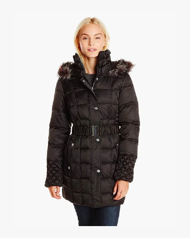 Betsey Johnson Women’s Puffer Coat with Faux-Fur Hood Wool Tweed Overcoat
