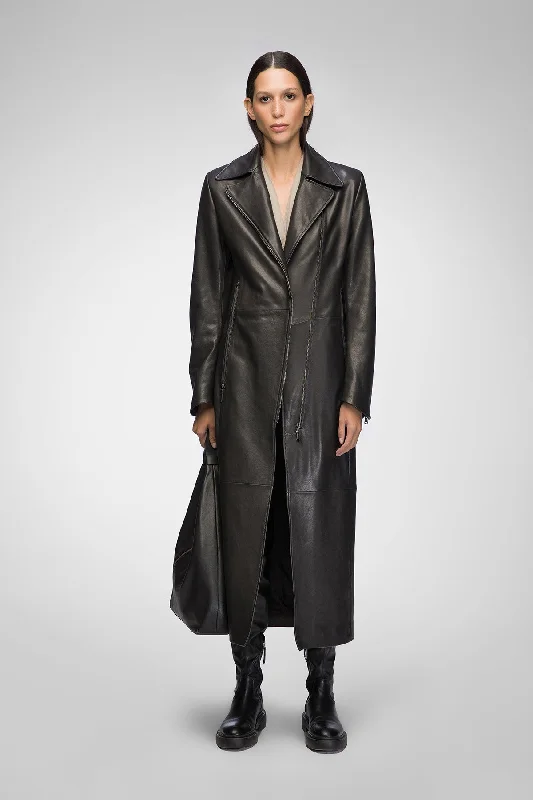 Marisol - Black Leather Coat Elegant Checkered Overcoat