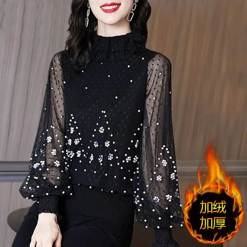 Blouse Women Chiffon Shirt Loose  Women's Clothing Bead Long Sleeve T-shirt Women's Top Blusas Mujer De Moda fitted tank top