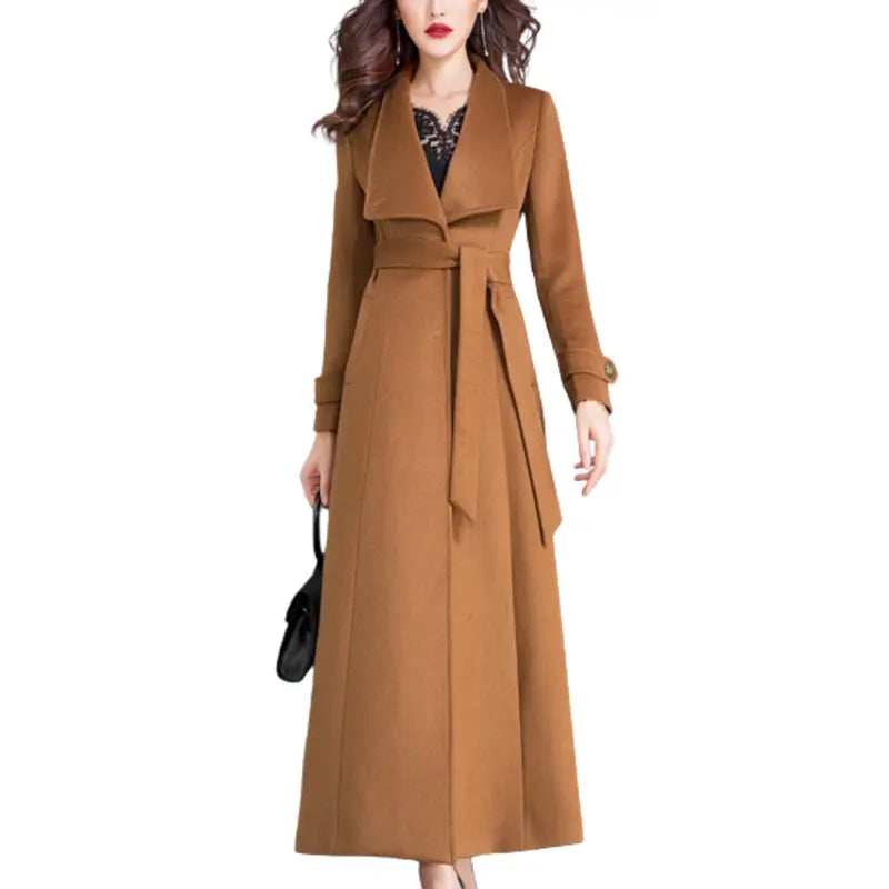 Brown Belted Wool Coat Elegant Long Coat