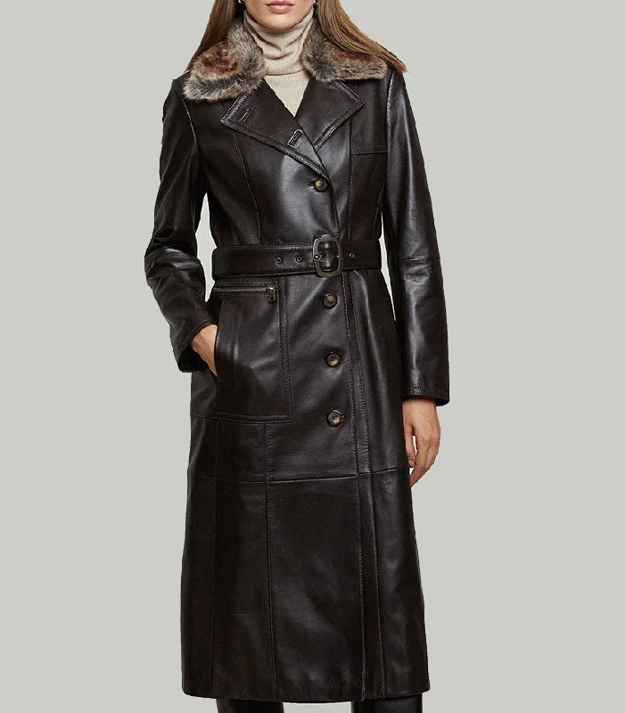 Brown Modena Long Leather Coat With Fur Collar For Women Draped Collar Overcoat