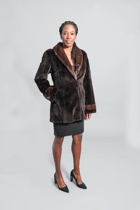 Brown Sheared Mink Coat Relaxed Knit Overcoat