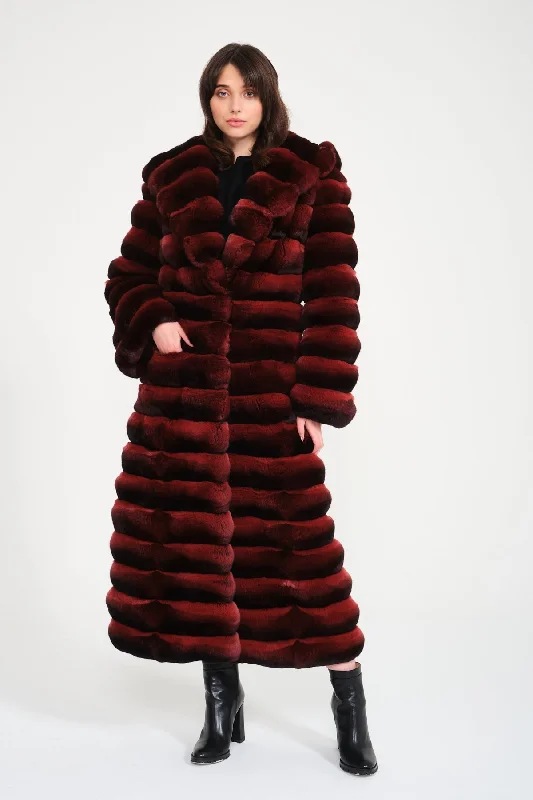 Burgundy Chinchilla Fur 3 in 1 Coat Luxe Tailored Overcoat