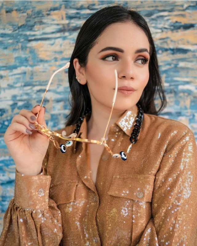 Burnt Gold Sequins Shirt Chic Square Blouse