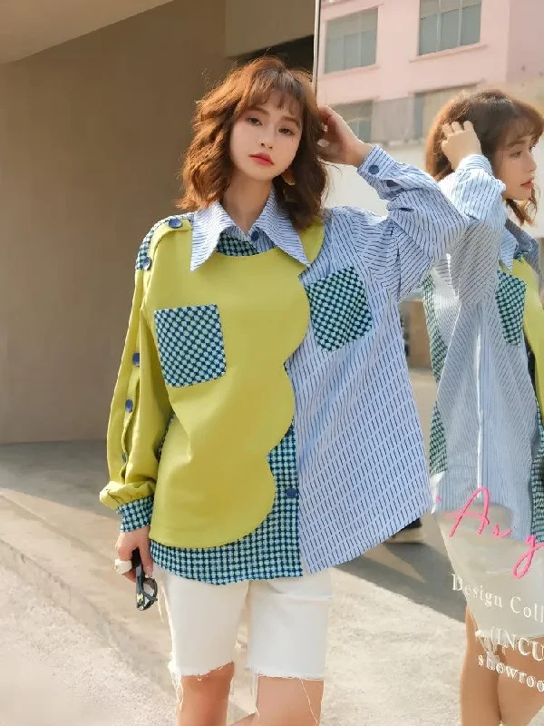 Buttoned Sleeved Patchwork Shirt Floral Print Blouse