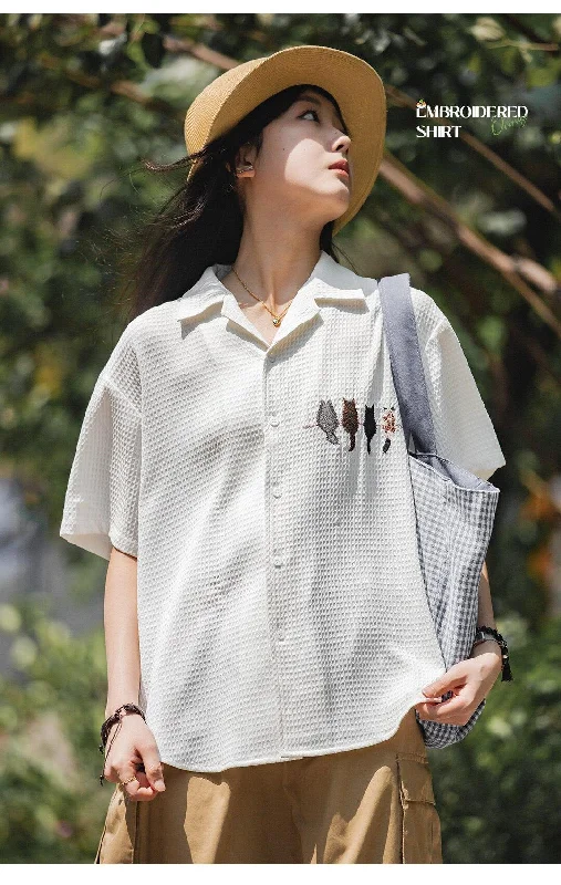 Cat Embroidered Shirt Chic Square Blouse