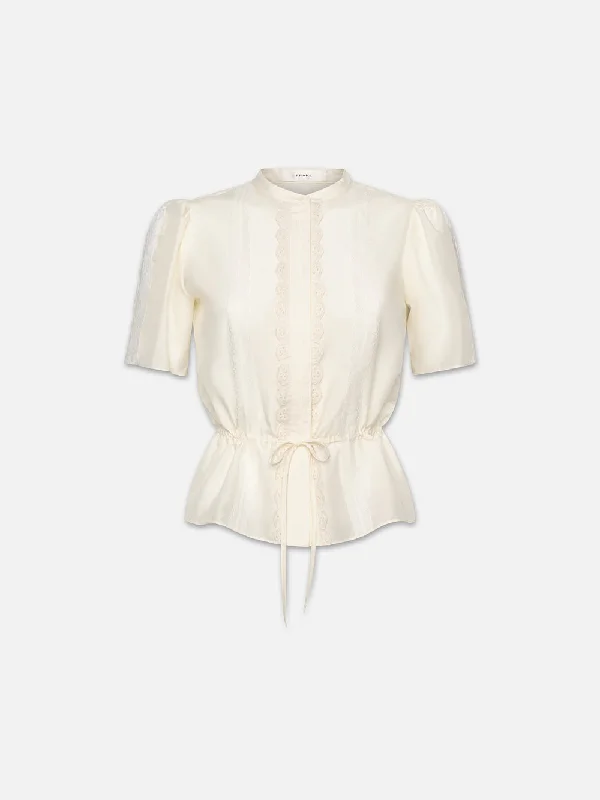 Cinched Lace Trim Blouse -- Cream Textured Cotton Blouse