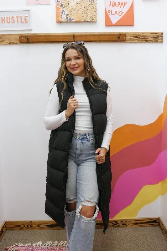 Classy In The Cool Long Black Puffer Vest Longline Elegant Coat