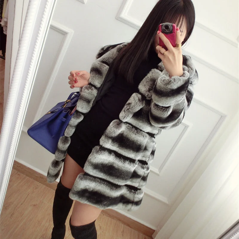 CNEGOVIK High quality chinchilla fur coats for women rex rabbit fur coat with hood real fur coat Heavyweight Classic Coat