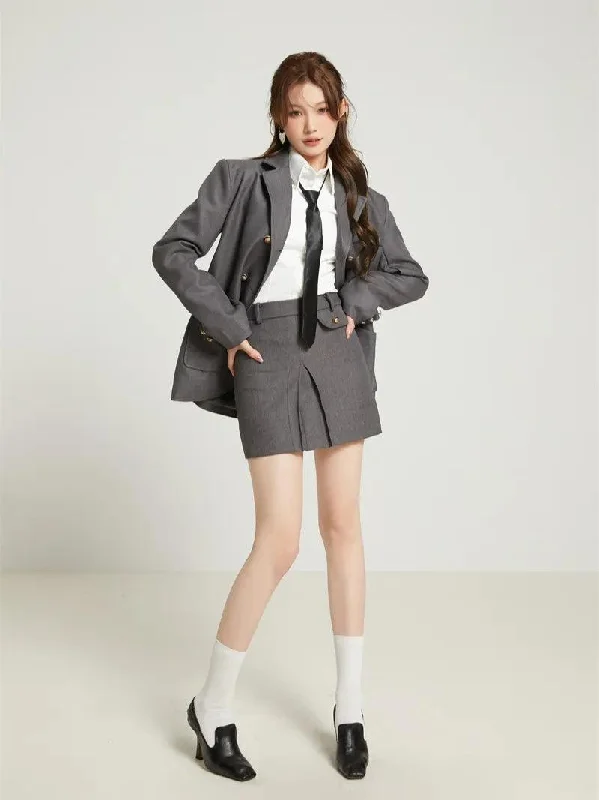 College Style Skirt, Blazer & Shirt Set Mandarin Collar Blouse