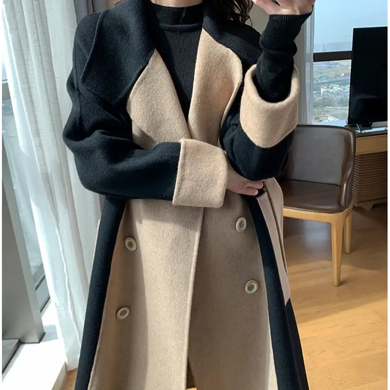 Contrast Double Breasted Wool Over Coat Trendy Soft-Touch Coat