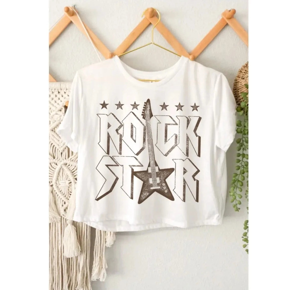 Women's "Rockstar" Graphic Crop Tee Fuzzy Layered Vest