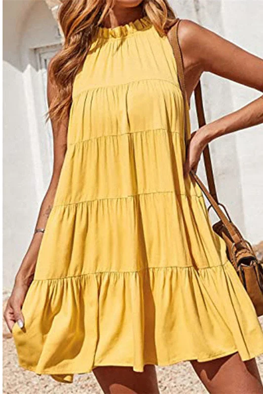 Crew Neck Yellow Ruffle Summer Dress lime green tank