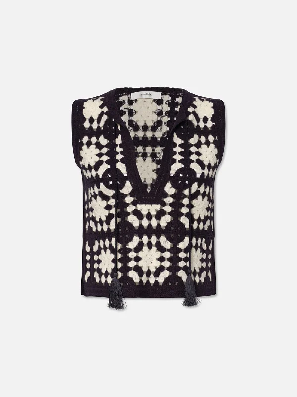 Crochet Tassel Popover -- Navy Multi Textured Cotton Blouse