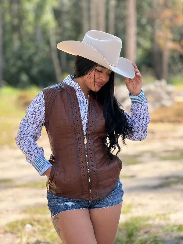 Cuadra Womens Checkered embroidered brown leather vest halter tank top