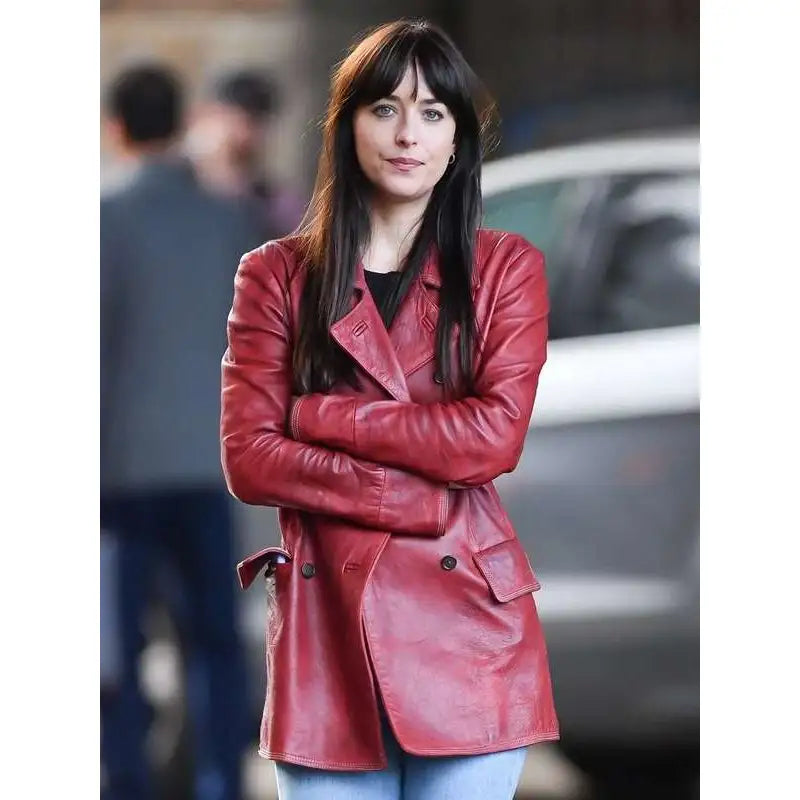 Dakota Johnson Madame Web Leather Jacket Embroidered Classic Overcoat