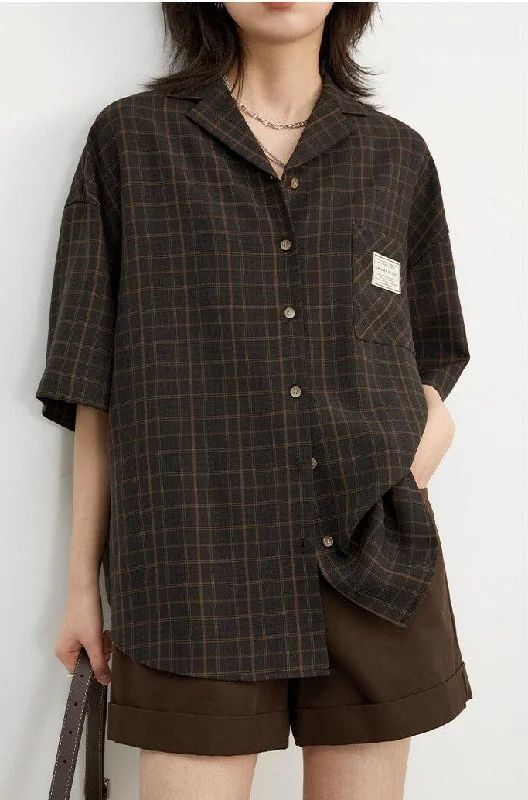 Dark Academia V-Neck Plaid Shirt Versatile Layering Blouse
