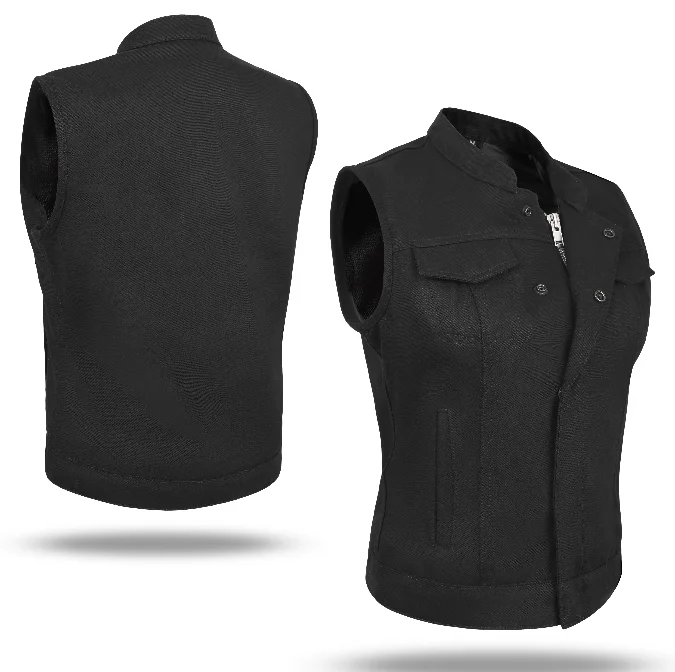 DM21516 Black Women's Black Denim Motorcycle Club Vest ivory tank top