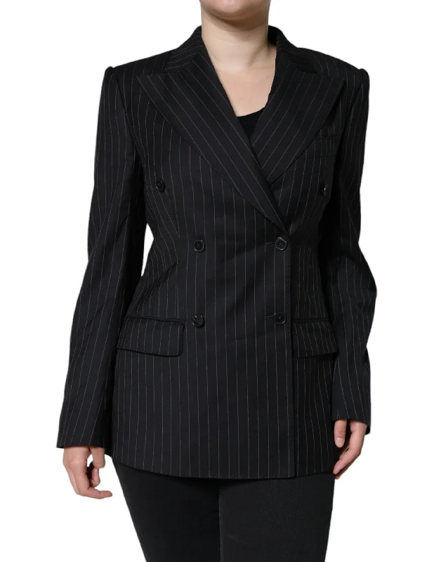 Dolce & Gabbana Black Striped Double Breasted Coat Jacket Slimming Women's Blazer