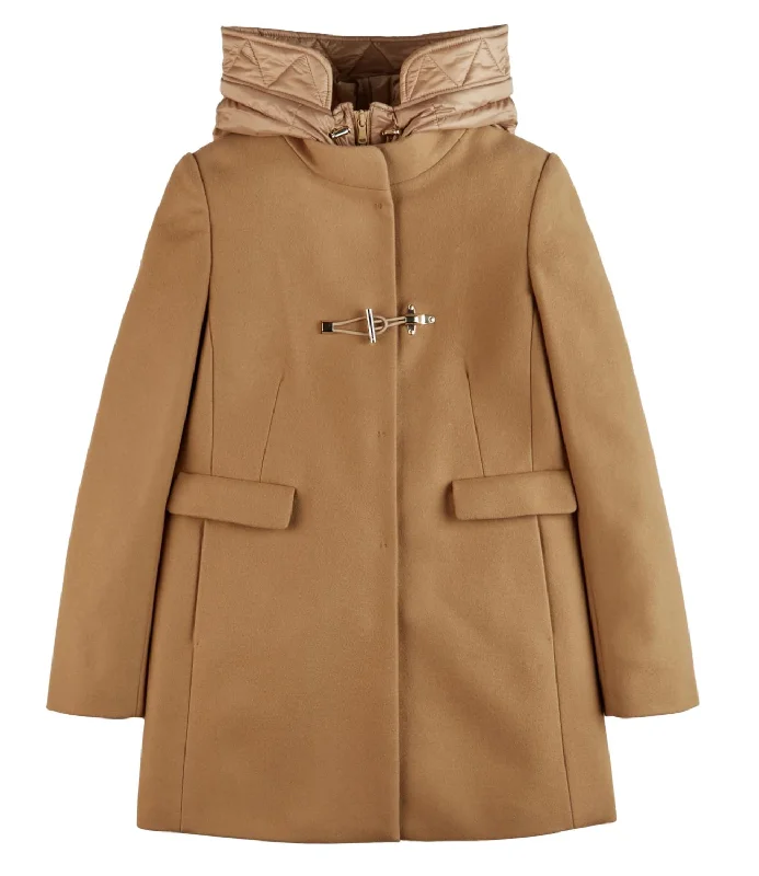 Toggle Coat in Panno di Lana cammello Puffy Shoulder Overcoat