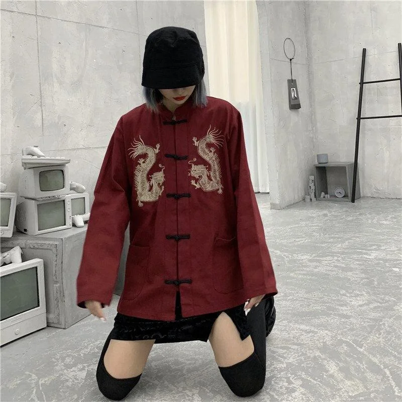 Dragon Embroidery Mandarin Collar Shirt Elegant Office Blouse