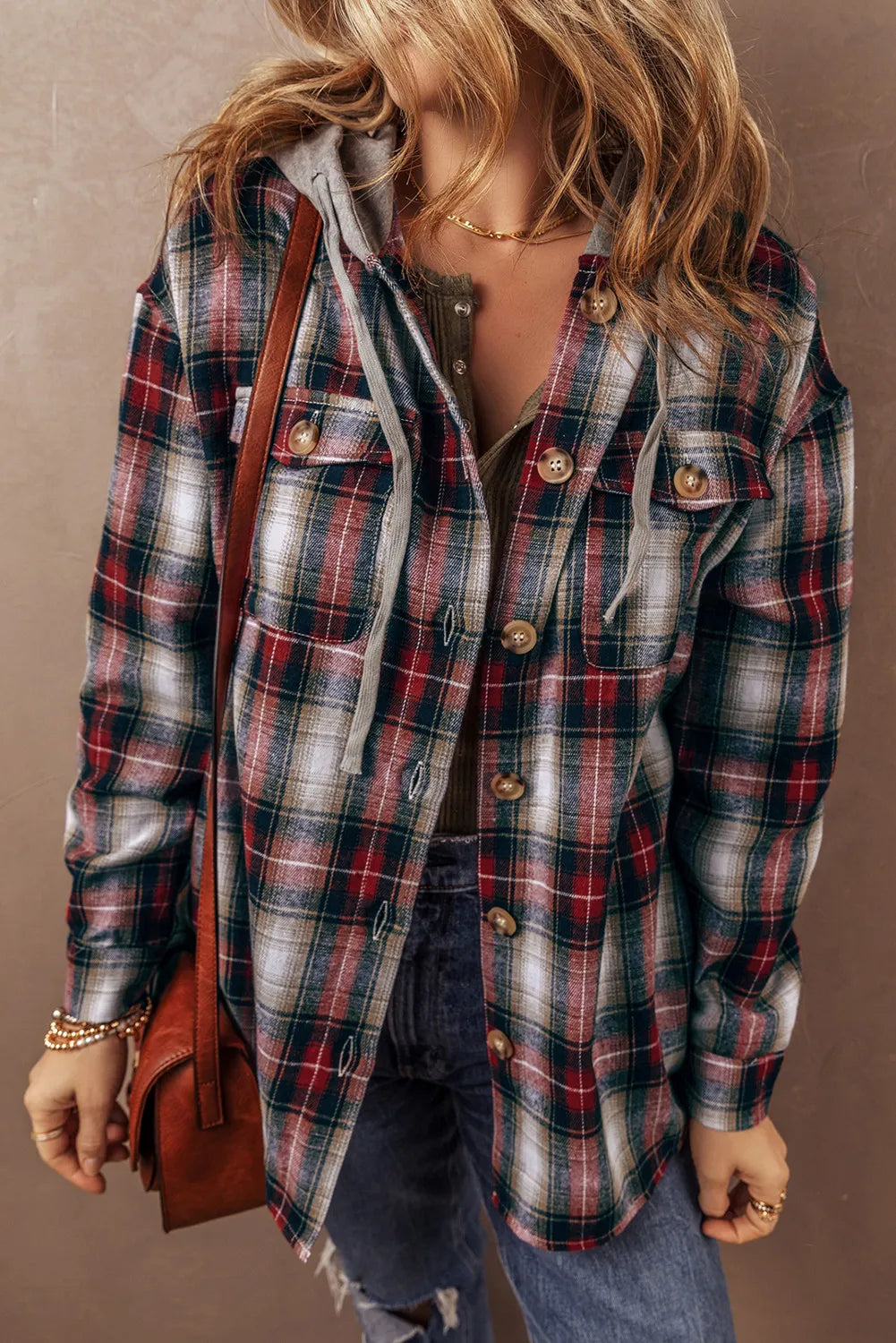Drawstring Plaid Button Up Hooded Shacket Waterfall Drape Overcoat