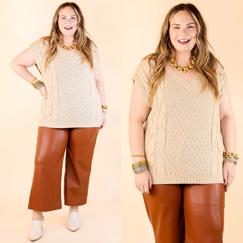 Dream On V Neck Cap Sleeve Sweater in Beige Feminine Puff Blouse
