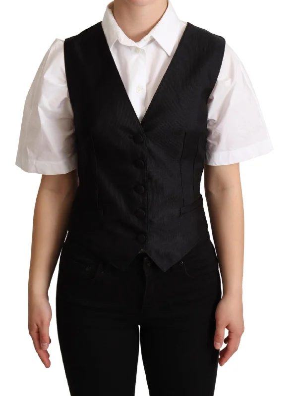 Elegant Silk Blend Black Waistcoat Minimalist Long Vest