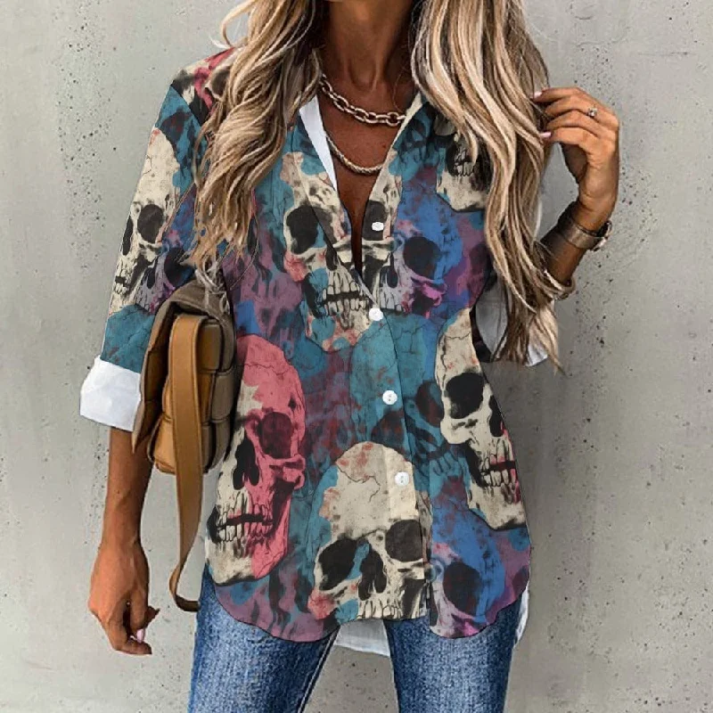 Elevate your wardrobe with our Women's Button Down Skull Blouse! Oversized Silk Blouse