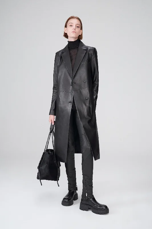 Elfie - Black Leather Coat Extra-Warm Fleece Coat