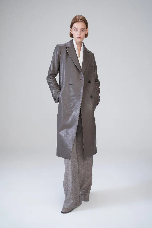 Elfie - Grey Leather Coat Velvet Touch Overcoat