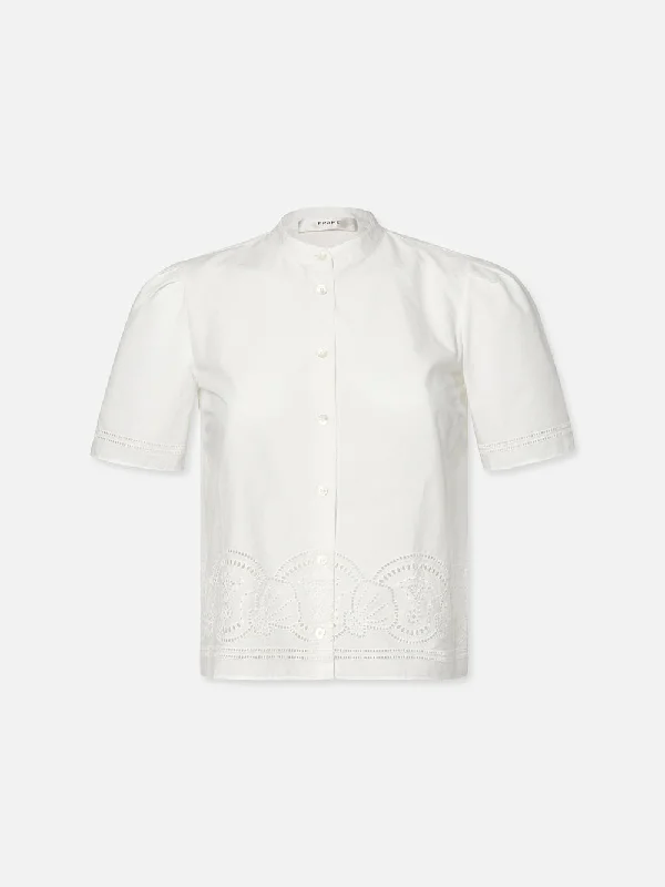 Embroidered Short Sleeve Shirt -- White Pastel Color Blouse