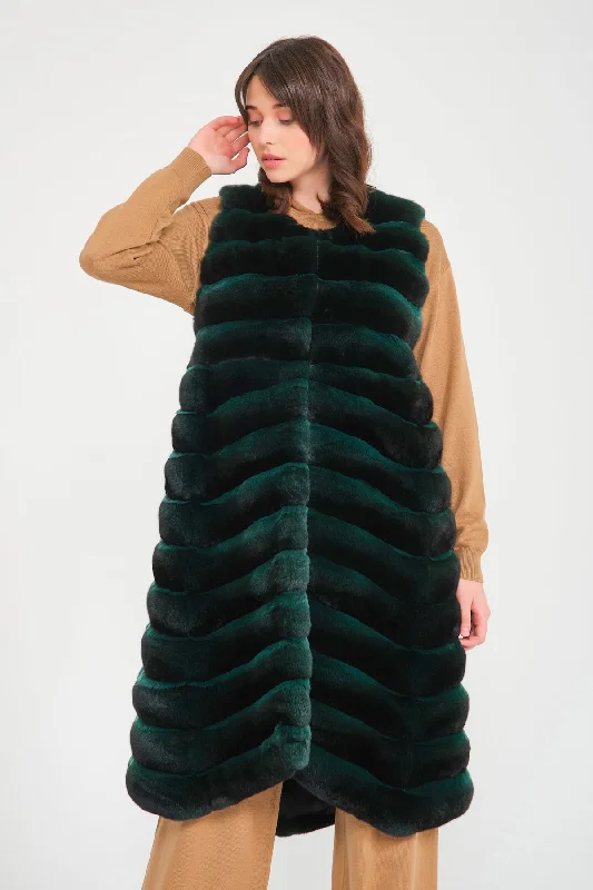 Emerald Green Long Chinchilla Fur Vest Lapel-Free Sleek Coat